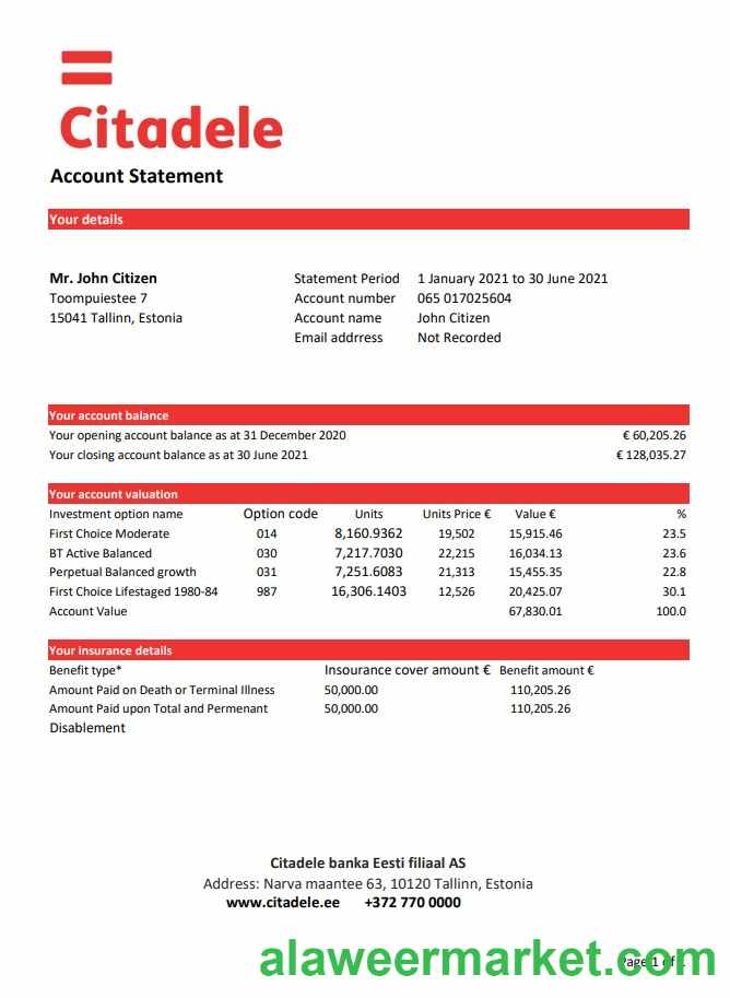 Estonia Citadele banka Eesti filiaal AS bank statement template in Excel and PDF format